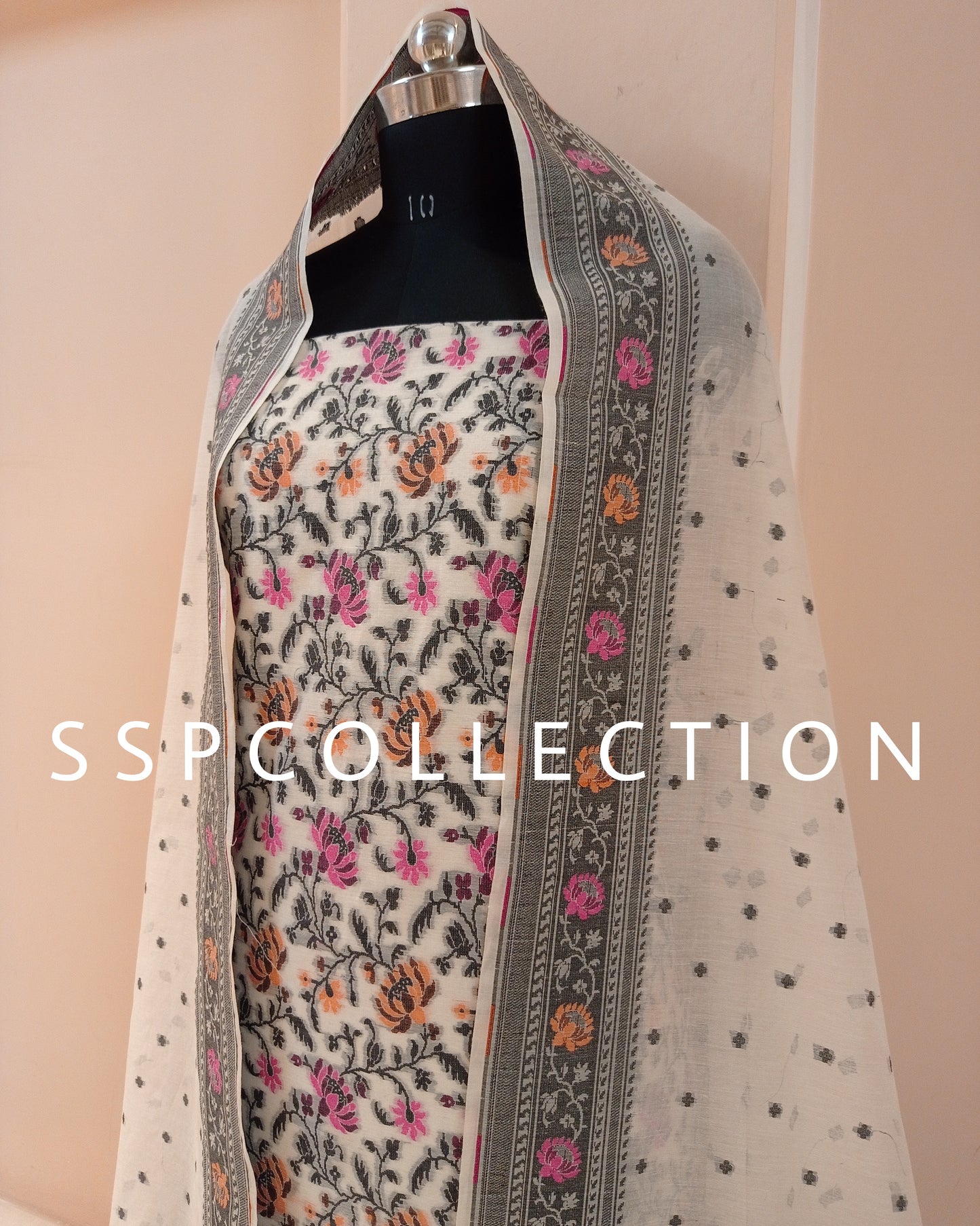 White Banarasi Premiuim Cotton Jamdani Pattern Suit