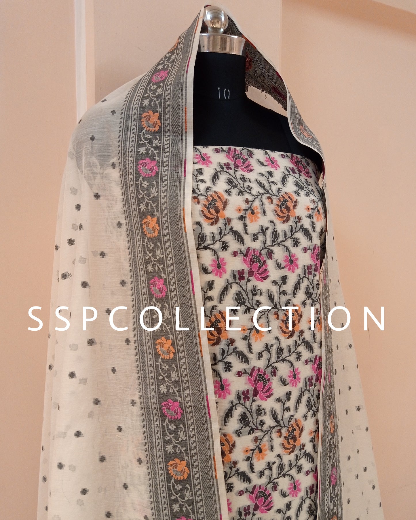 White Banarasi Premiuim Cotton Jamdani Pattern Suit