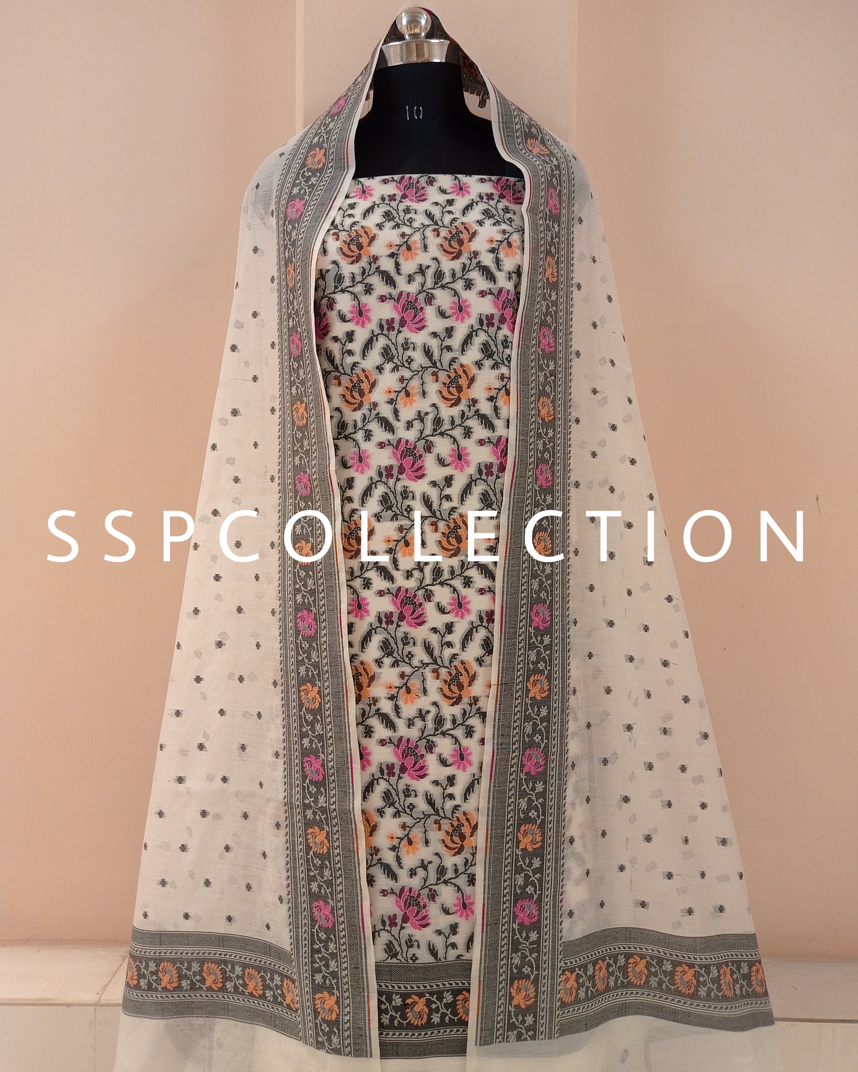 White Banarasi Premiuim Cotton Jamdani Pattern Suit – SSP Collection