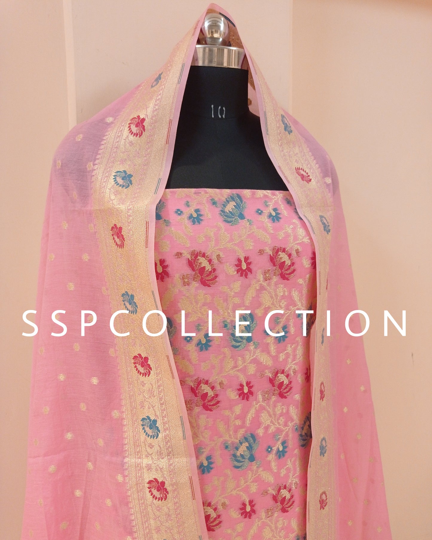 Onion-Pink Banarasi Premiuim Cotton Jamdani Pattern Suit