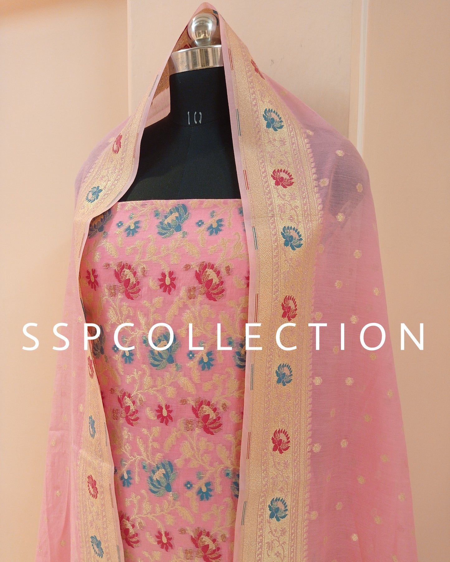 Onion-Pink Banarasi Premiuim Cotton Jamdani Pattern Suit