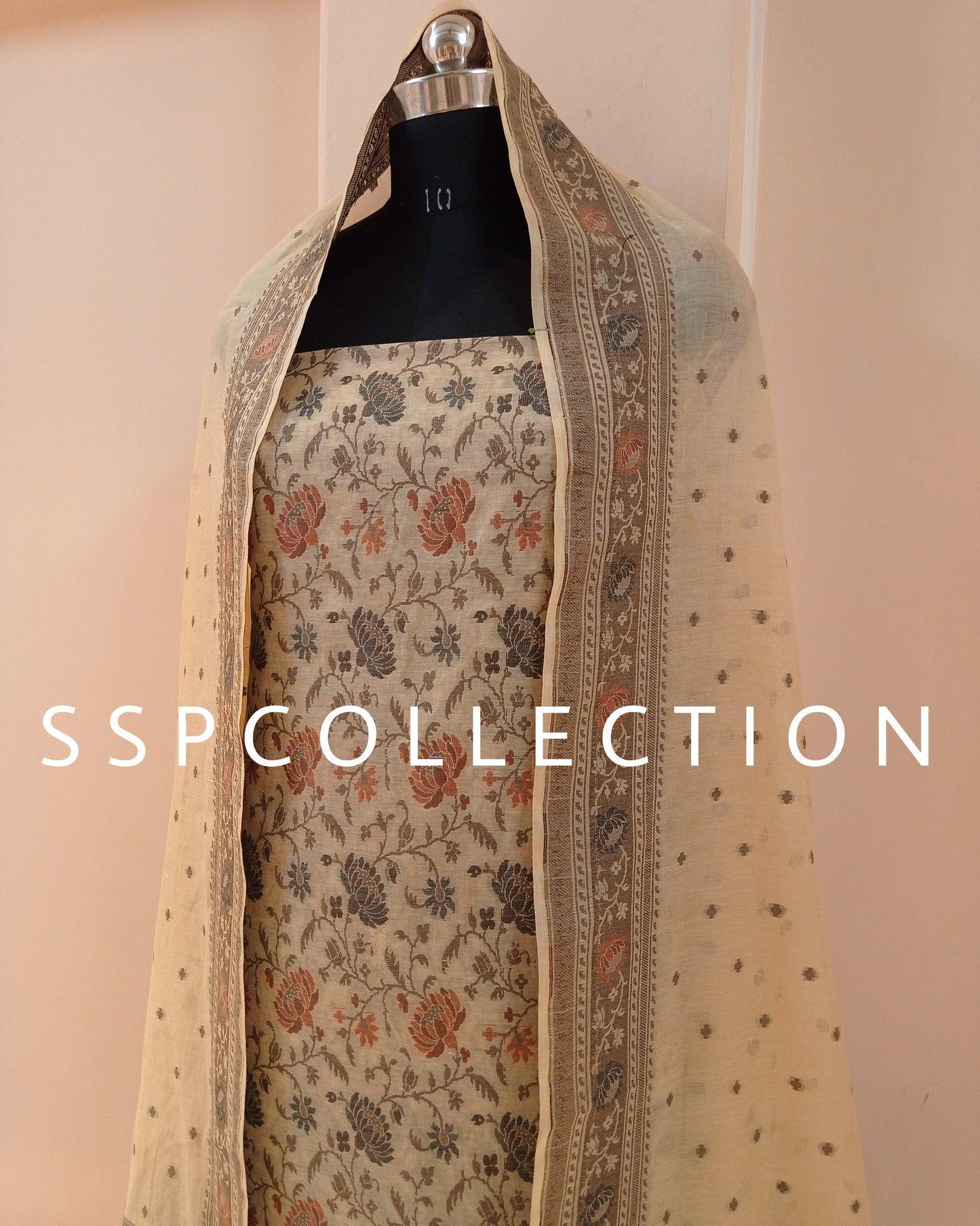 Beige Banarasi Premiuim Cotton Jamdani Pattern Suit