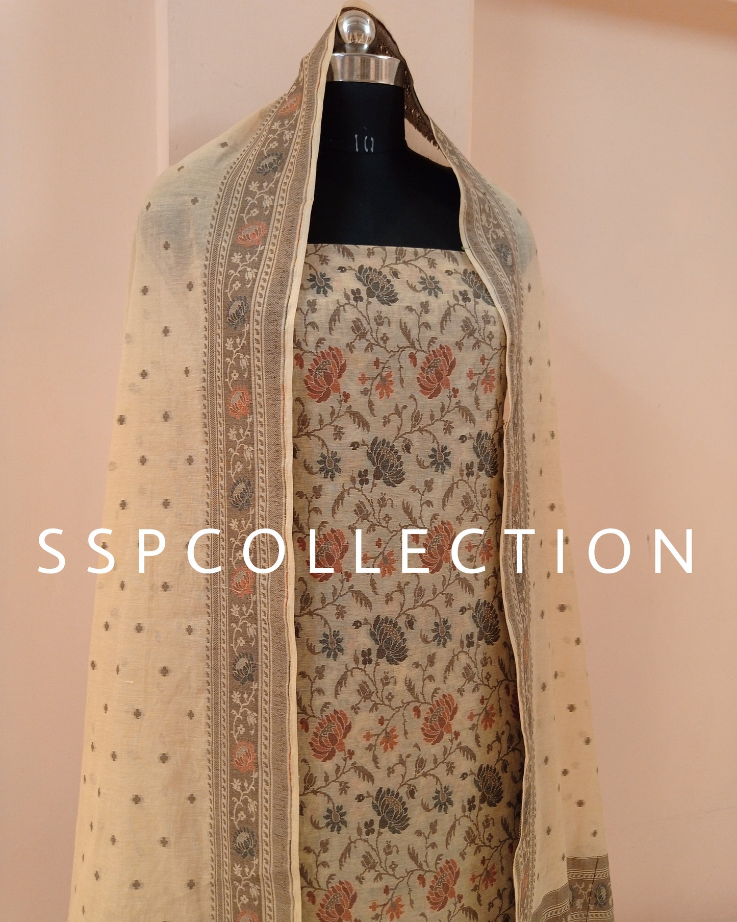 Beige Banarasi Premiuim Cotton Jamdani Pattern Suit