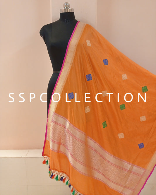 Orange Banarasi Pure Katan Silk Dupatta