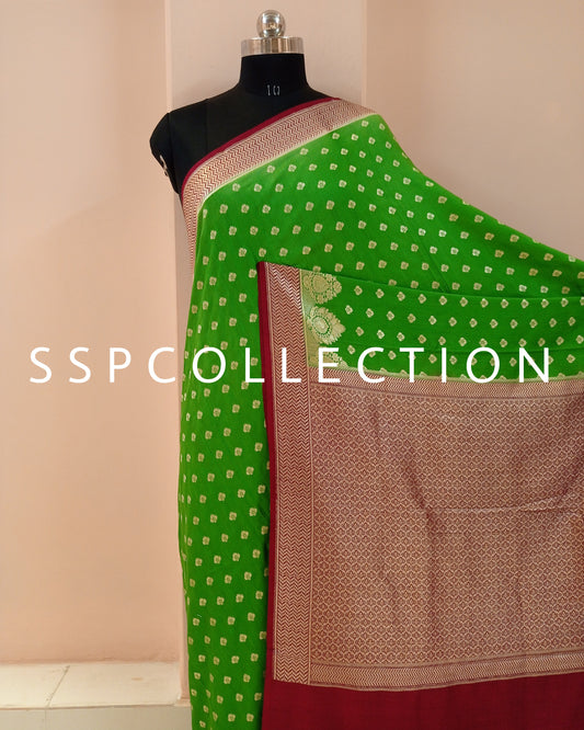 Green & Maroon Banarasi Pure Moonga Silk Saree