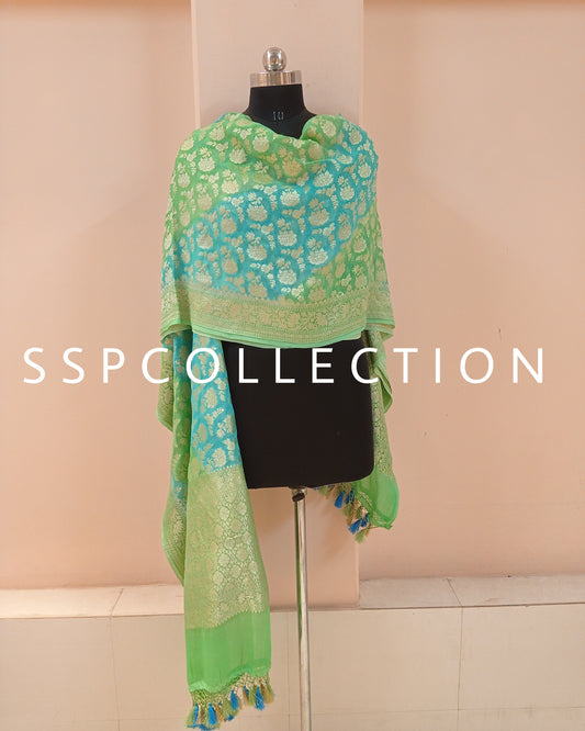 Green & Blue Banarasi Pure Georette Rangkaat Dupatta