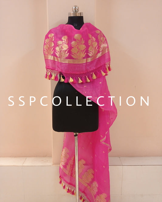 Pink Banarasi Pure Kora Silk Dupatta
