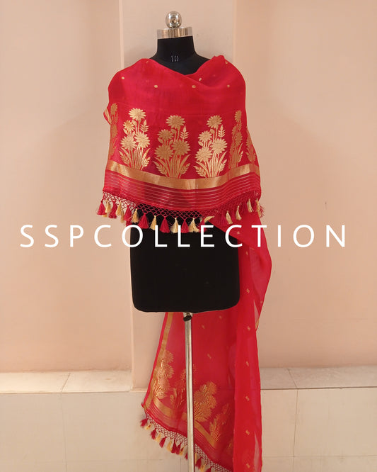 Red Banarasi Pure Kora Silk Dupatta