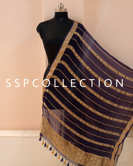 Navy-Blue Banarasi Pure Kora Silk Dupatta