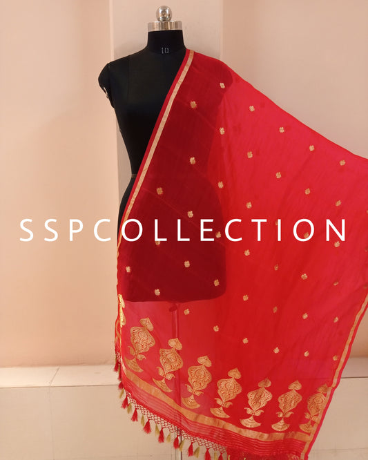 Red Banarasi Pure Kora Silk Dupatta