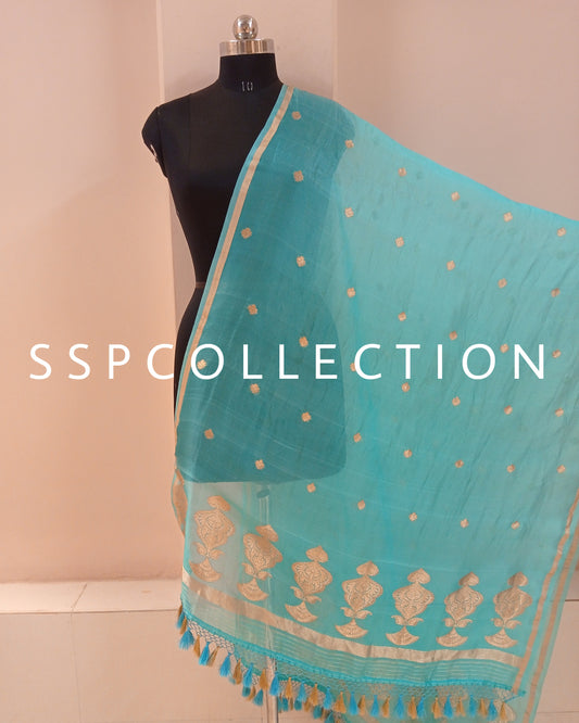 Sky-Blue Banarasi Pure Kora Silk Dupatta