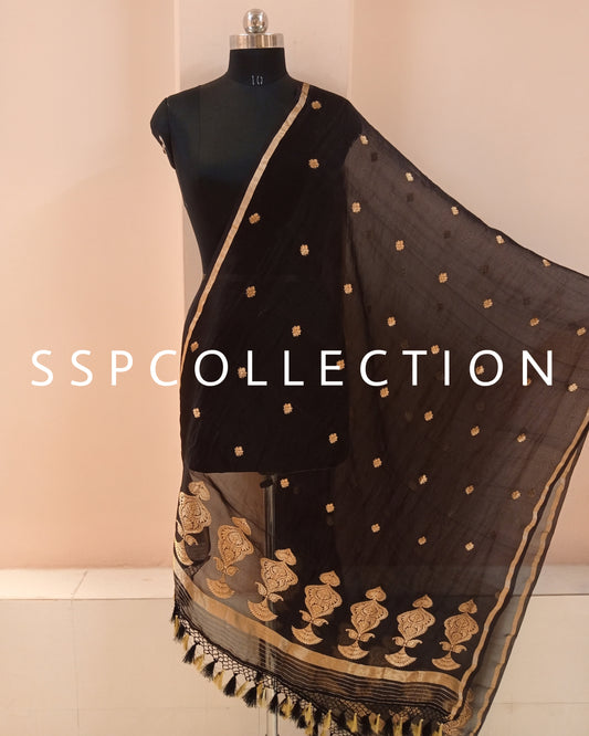 Black Banarasi Pure Kora Silk Dupatta