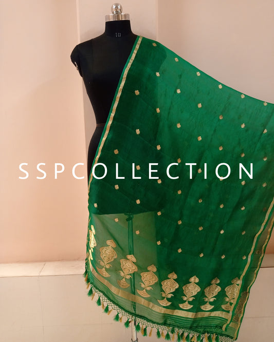 Green Banarasi Pure Kora Silk Dupatta