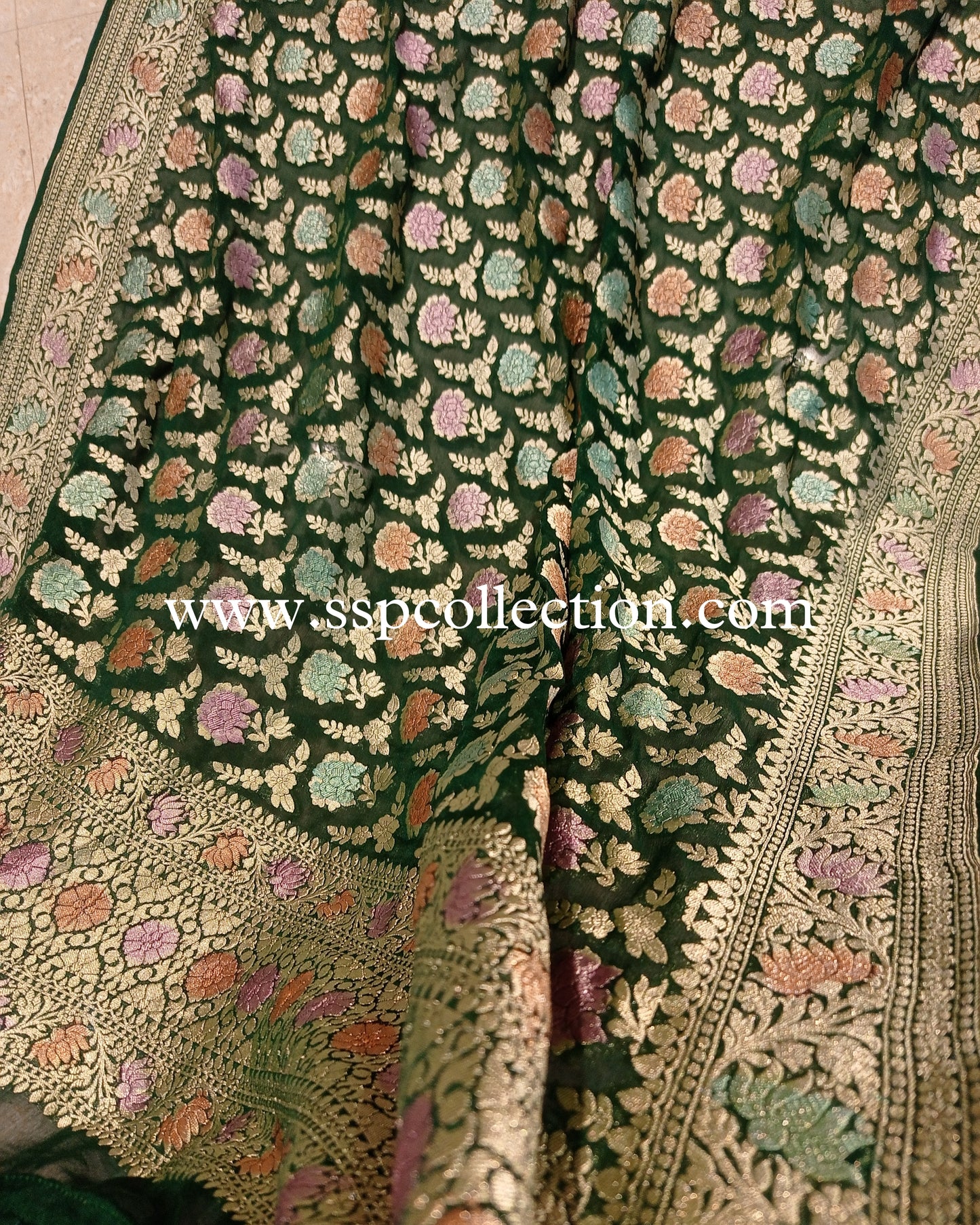 Bottle Green Banarasi Pure Georgette Brush-Paint Dupatta