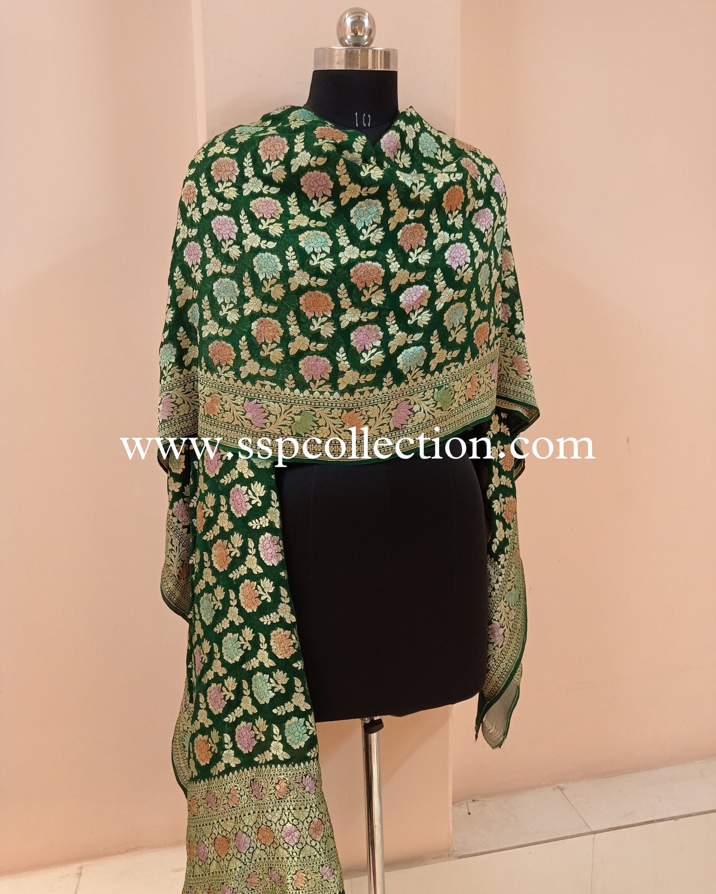 Bottle Green Banarasi Pure Georgette Brush-Paint Dupatta