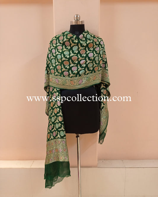 Bottle Green Banarasi Pure Georgette Brush-Paint Dupatta