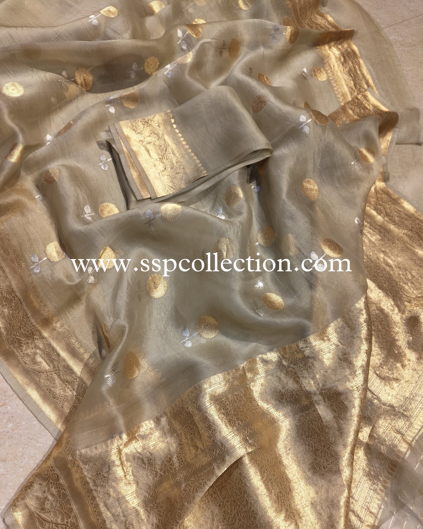 Olive Haze Banarasi Handloom Pure Kora Silk Saree