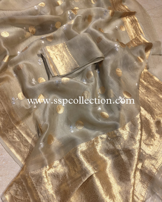 Olive Haze Banarasi Handloom Pure Kora Silk Saree
