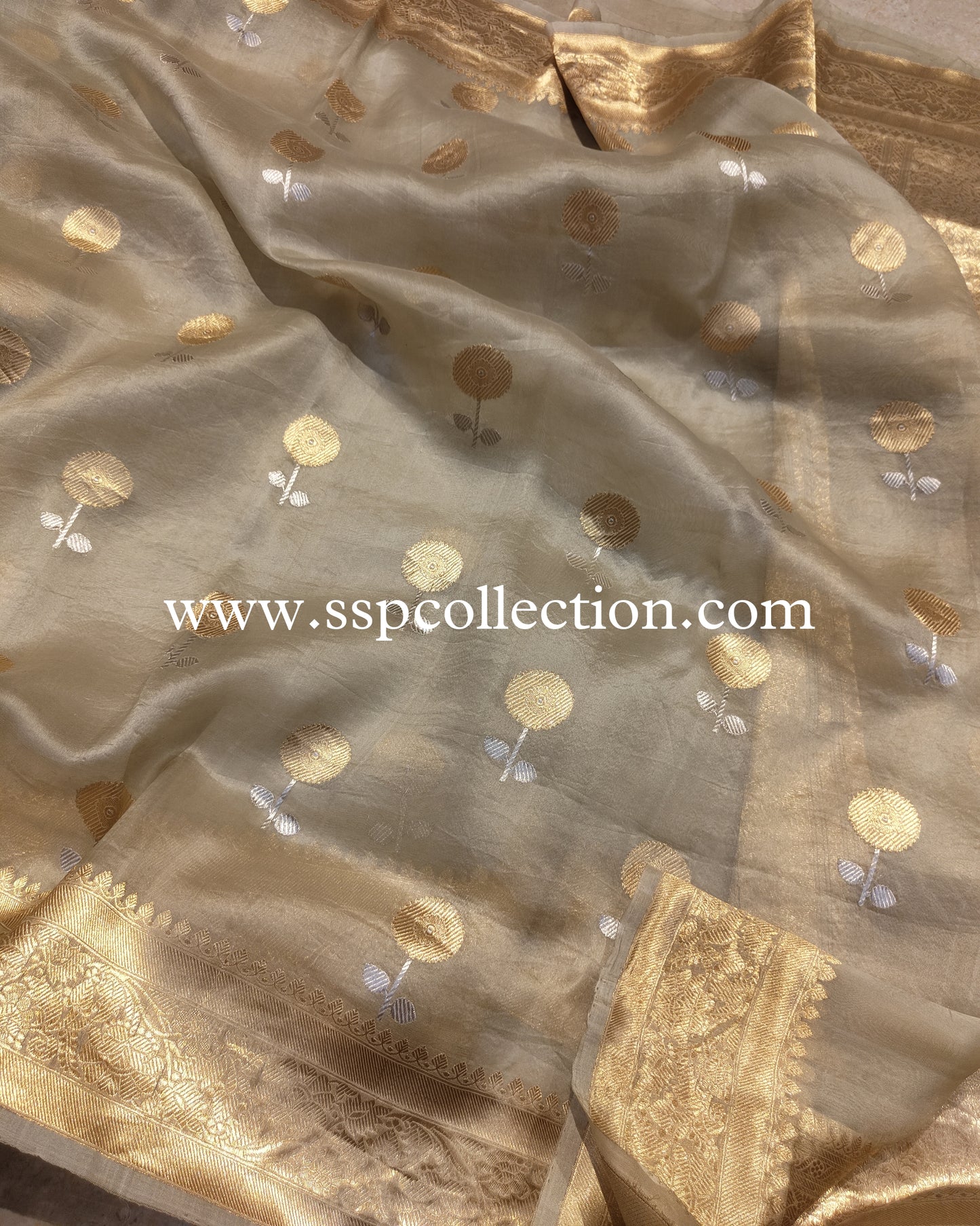 Olive Haze Banarasi Handloom Pure Kora Silk Saree