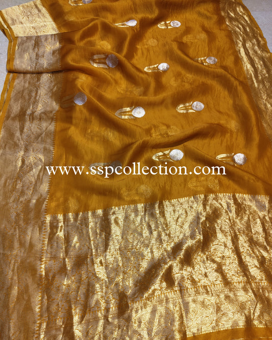 Mustard Orange Banarasi Handloom Pure Kora Silk Saree