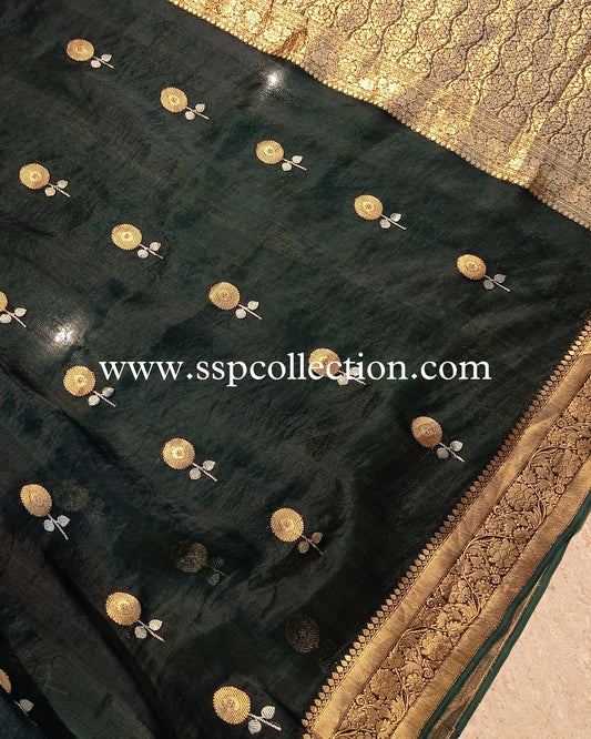 Bottle-Green Banarasi Handloom Pure Kora Silk Saree