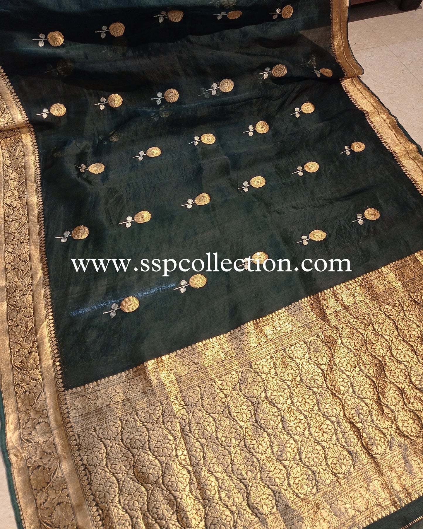 Bottle-Green Banarasi Handloom Pure Kora Silk Saree