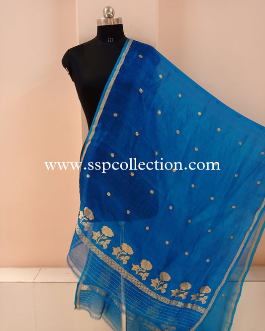Peacock-Blue Banarasi Pure Kora Silk Dupatta