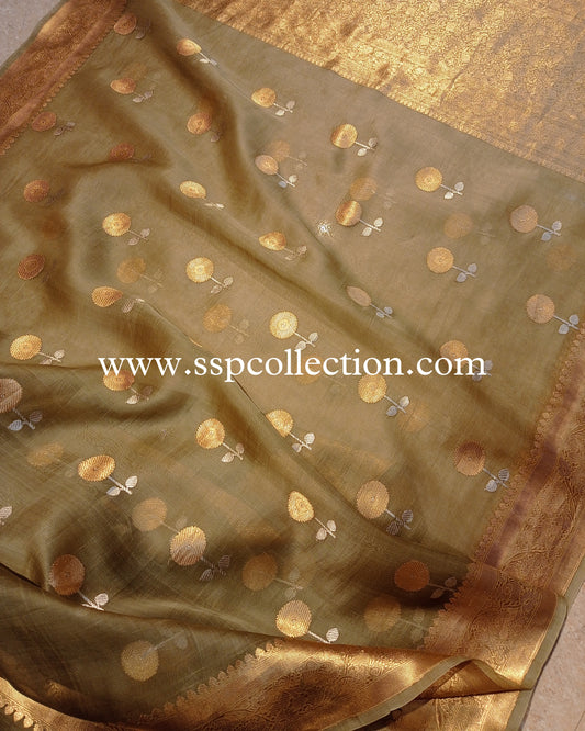 Olive Green Banarasi Handloom Pure Kora Silk Saree