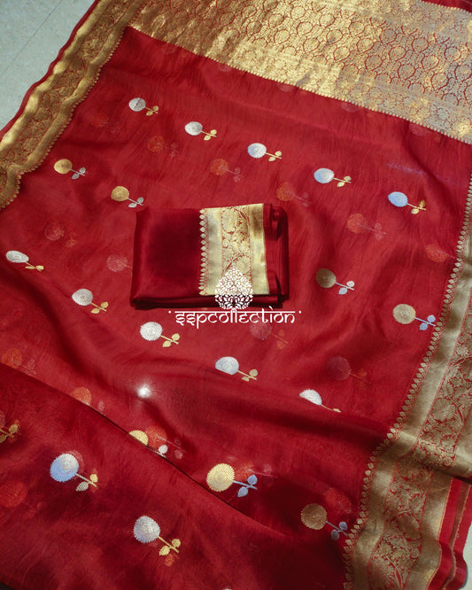 Red Banarasi Handloom Pure Kora Silk Saree
