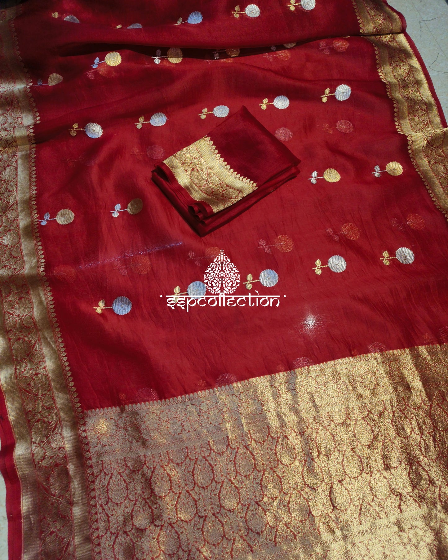 Red Banarasi Handloom Pure Kora Silk Saree