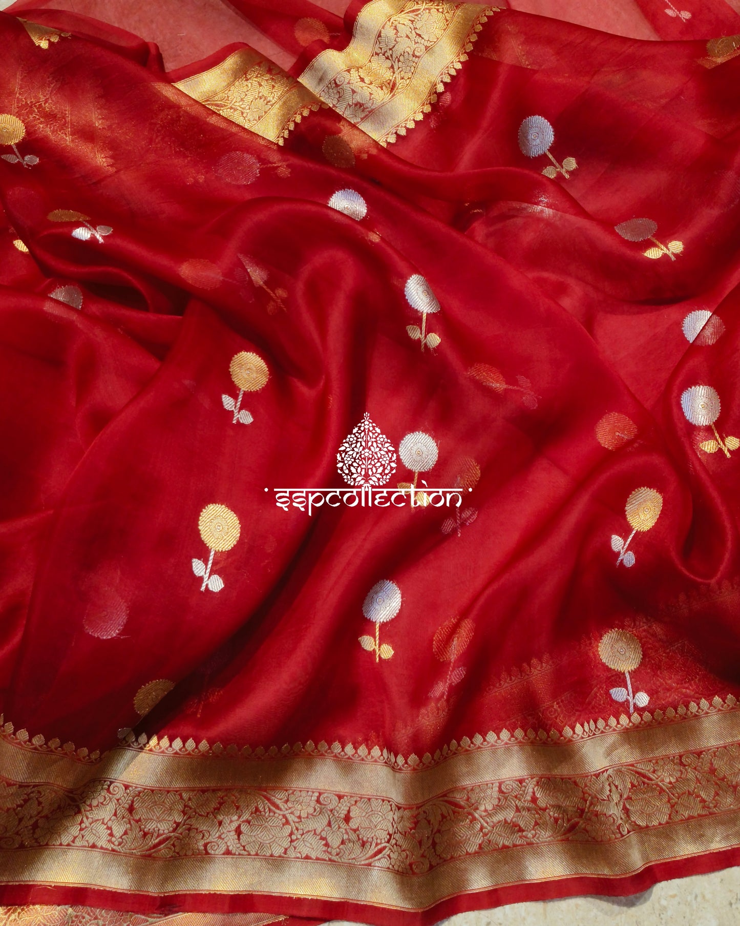 Red Banarasi Handloom Pure Kora Silk Saree