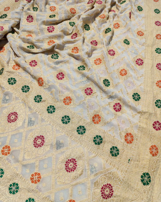 White Banarasi Pure Georgette Meenakaari Dupatta