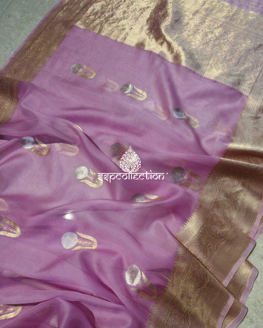 Lilac Banarasi Handloom Pure Kora Silk Saree