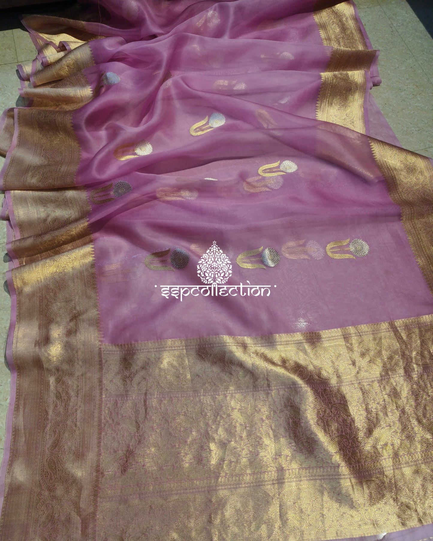 Lilac Banarasi Handloom Pure Kora Silk Saree
