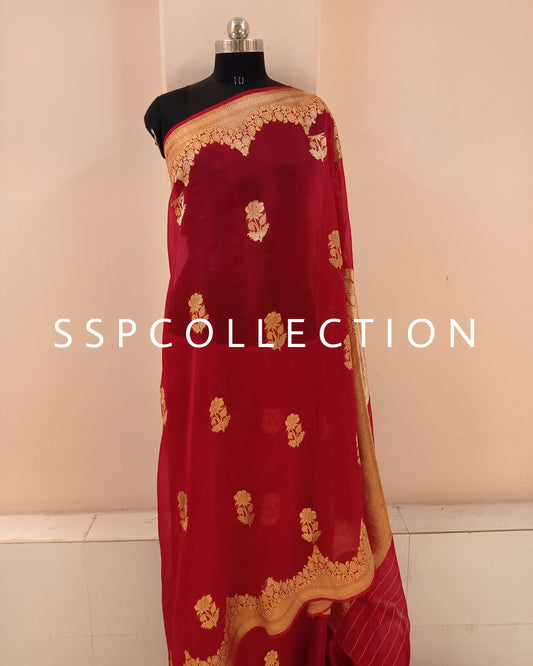 Red Banarasi Handloom Pure Kora SIlk Saree