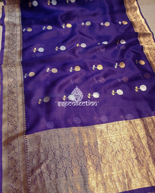 Indigo Purple Banarasi Handloom Pure Kora Silk Saree