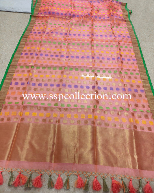 Peach Banarasi Pure Kora Silk Dupatta