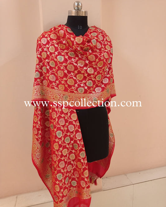 Red Banarasi Pure Georgette Brush-Paint Dupatta