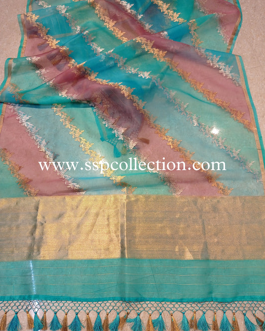Turquoise Banarasi Pure Kora Silk Rangkaat Dupatta