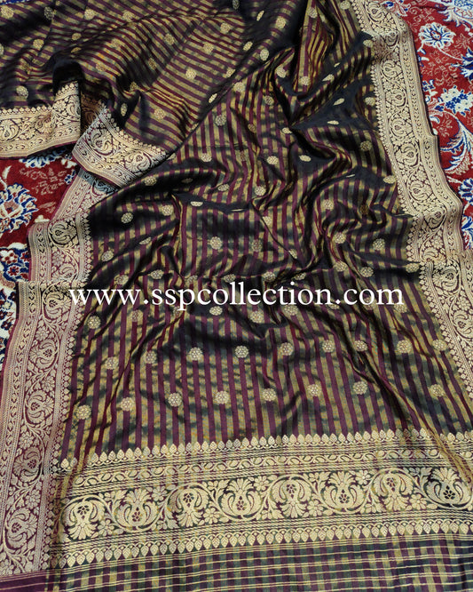 Wine Banarasi Pure Katan Silk Tissue Stripes Dupatta