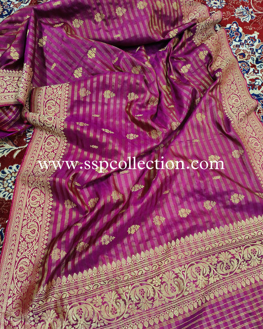 Magenta Banarasi Pure Katan Silk Tissue Stripes Dupatta