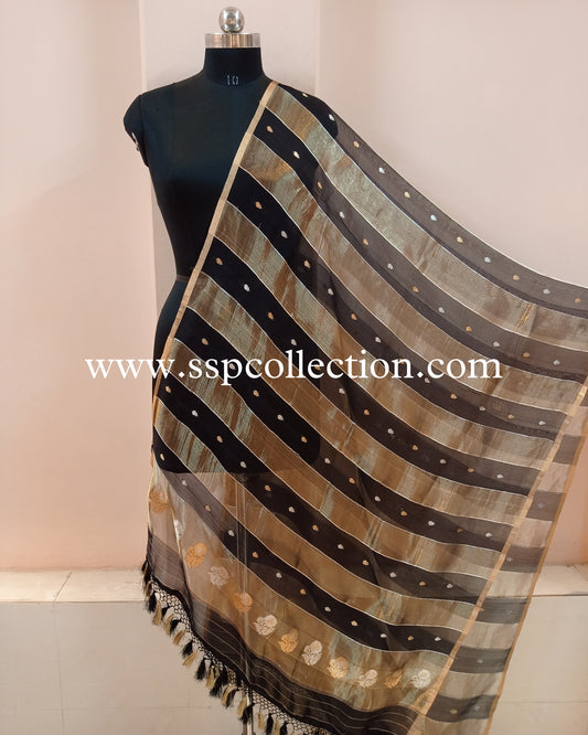 Black Banarasi Pure Kora Tissue Silk Dupatta