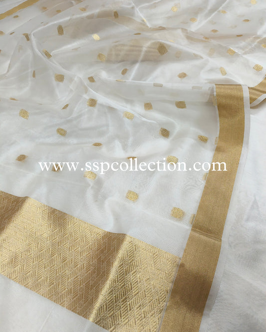 White Banarasi Pure Kora Silk Dupatta
