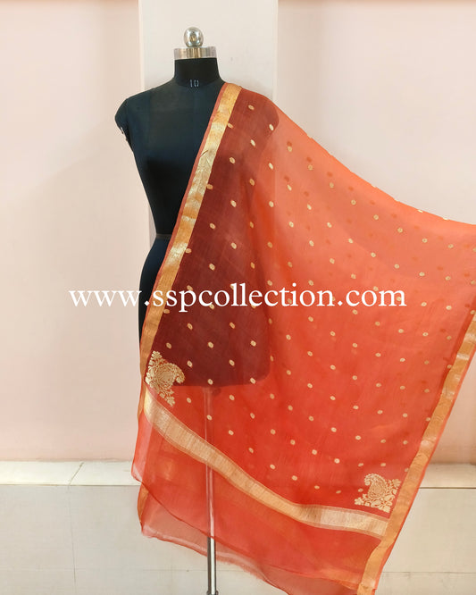 Burnt-Orange Banarasi Pure Kora Silk Koniya Dupatta
