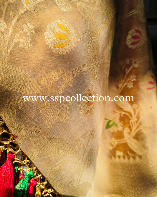 Beige Pure Katan Silk Banarasi Dupatta.