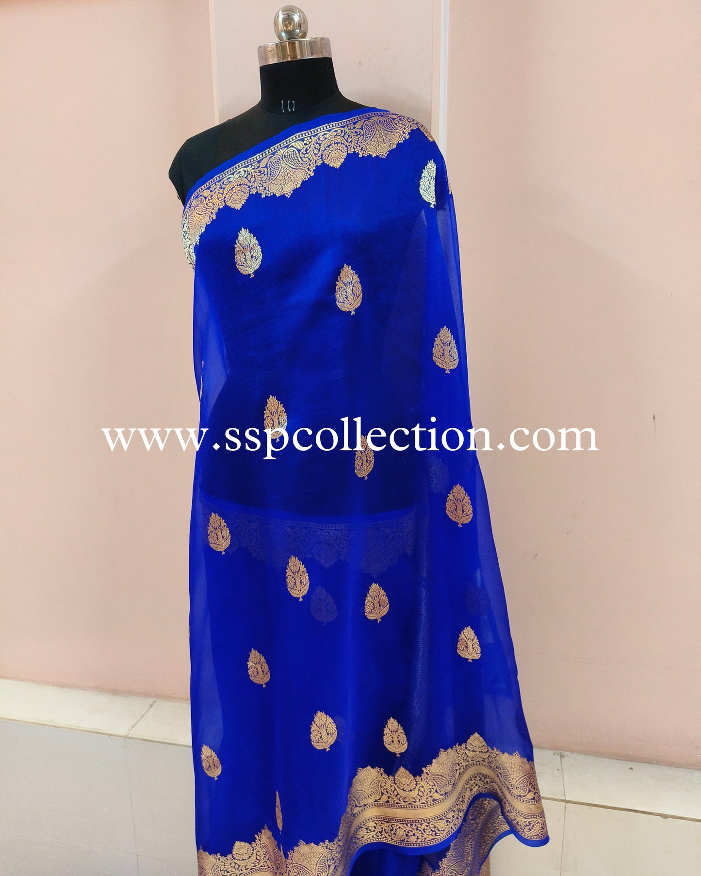 Royal-Blue Pure Kora Silk Banarasi Saree