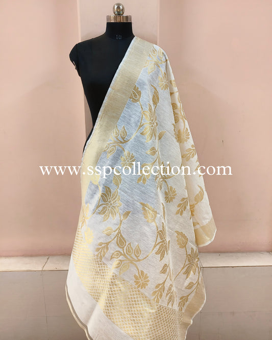 White Pure Linen Banarasi Dupatta