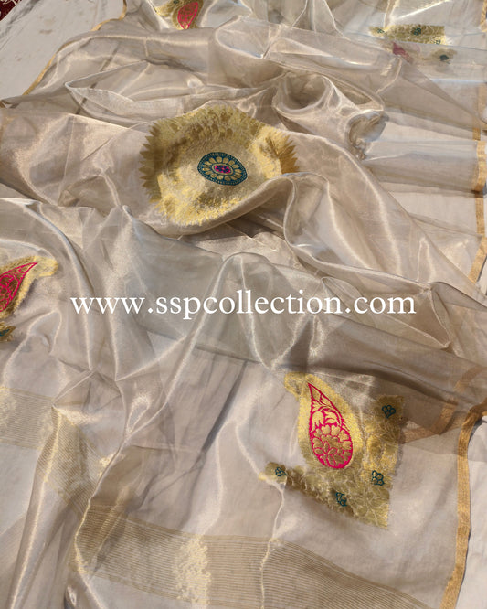 Silver Pure Tissue Silk Banarasi Koniya Dupatta