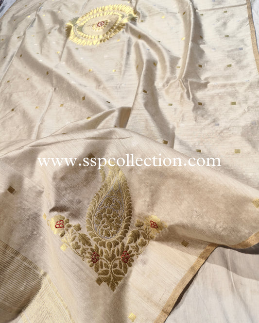 Beige-Gold Pure Moonga Silk Banarasi Koniya Dupatta