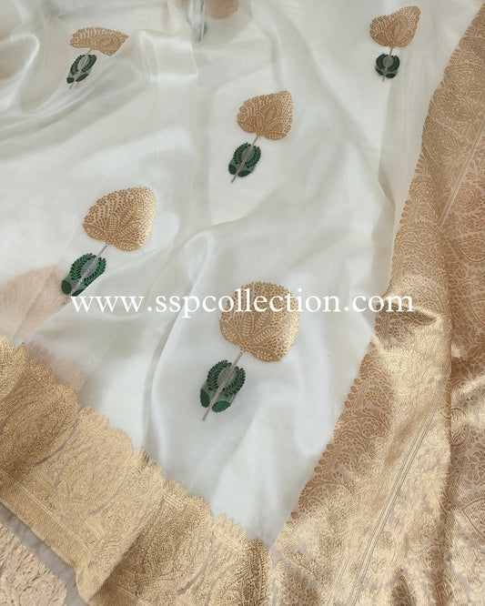 White Pure Kora Silk Tilfi Banarasi Saree